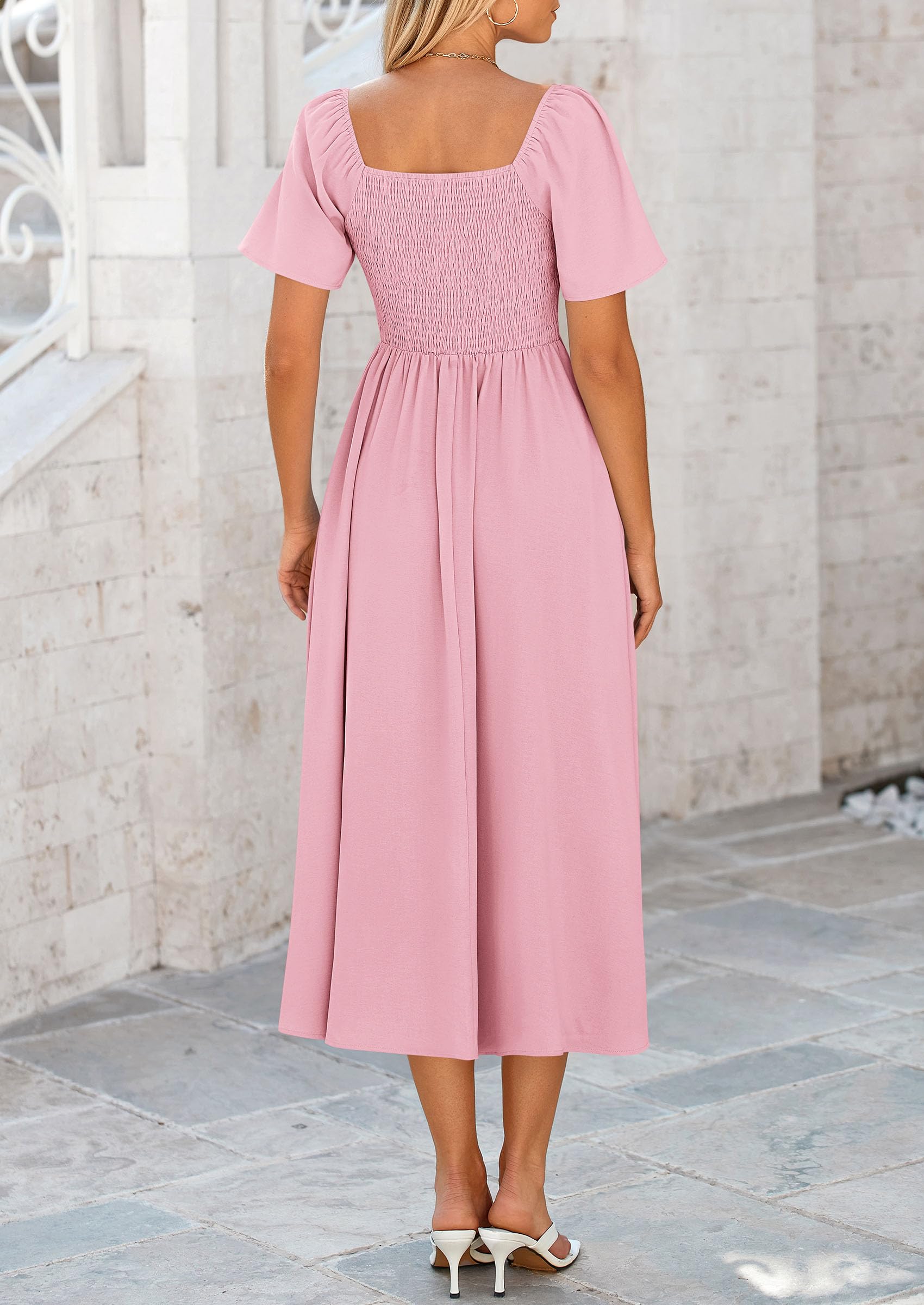 PRETTYGARDEN Summer Dress for Women Casual Short Sleeve Bow Tie V Neck Ruffle Midi Flowy Dresses