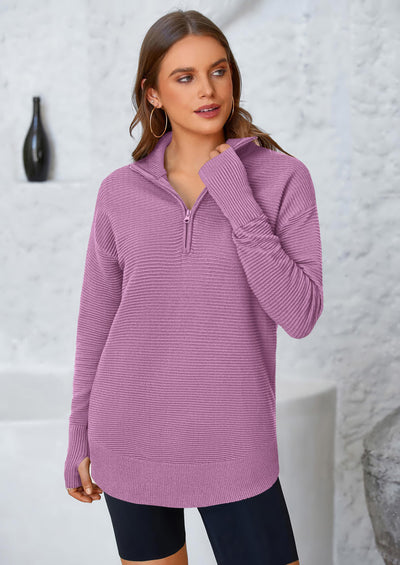 PRETTYGARDEN Womens Long Sleeve Quarter Zip Pullover Sweater Casual Loose V Neck Collared Ribbed Knit Jumper Tops Thumb Hole