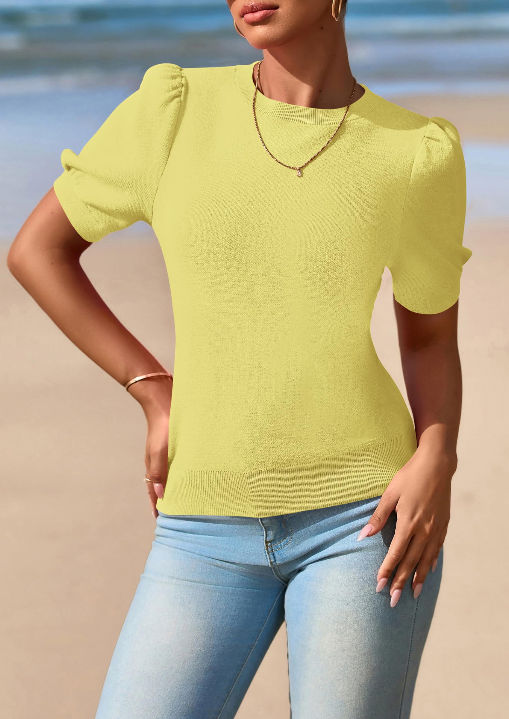 PRETTYGARDEN Womens Tops Spring Summer Puff Short Sleeve Sweater Crewneck Knit Work Blouses Dressy Casual Trendy Shirts PRETTYGARDEN