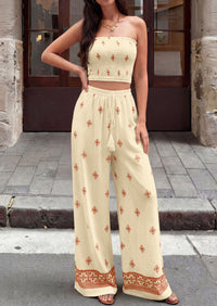 PRETTYGARDEN 2 Piece Sets for women Summer 2026 Travel Outfits Print Tube Tops Wide Leg Pants Beach Vacation Clothes