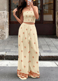 PRETTYGARDEN 2 Piece Sets for women Summer 2026 Travel Outfits Print Tube Tops Wide Leg Pants Beach Vacation Clothes