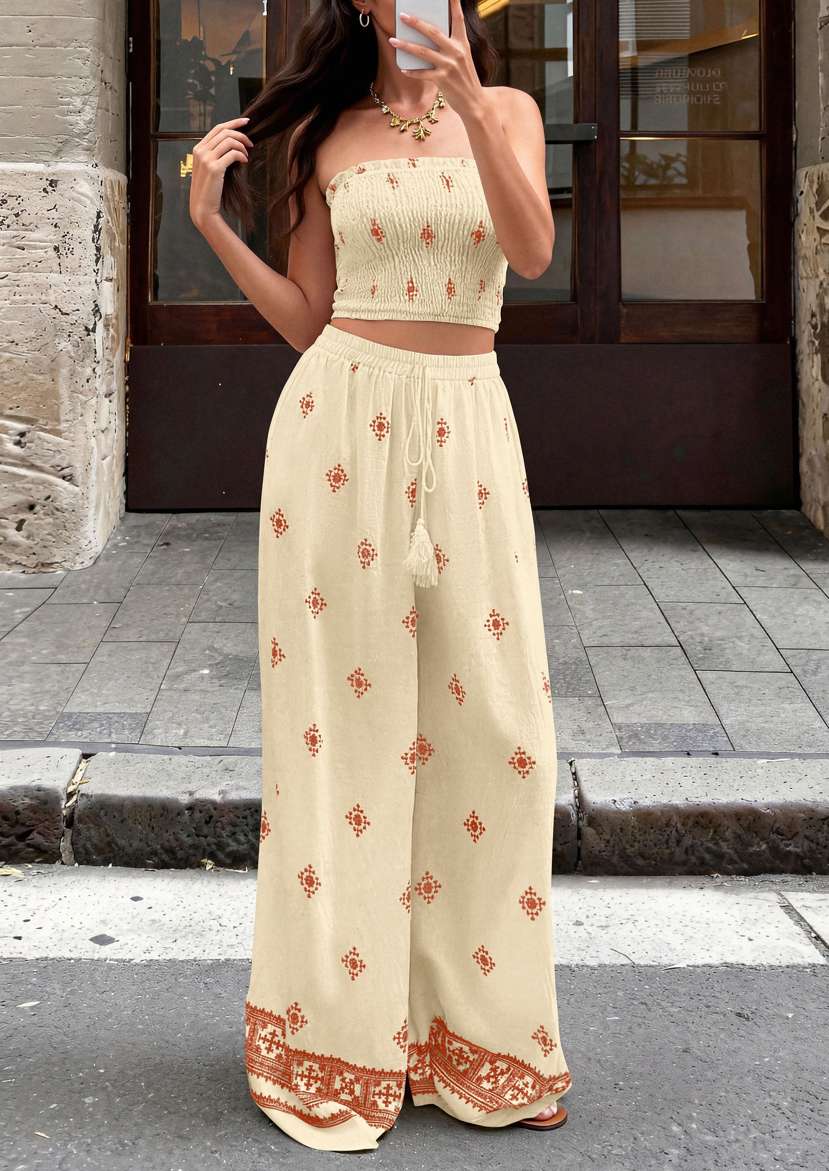 PRETTYGARDEN 2 Piece Sets for women Summer 2026 Travel Outfits Print Tube Tops Wide Leg Pants Beach Vacation Clothes