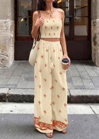 PRETTYGARDEN 2 Piece Sets for women Summer 2026 Travel Outfits Print Tube Tops Wide Leg Pants Beach Vacation Clothes