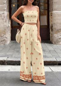 PRETTYGARDEN 2 Piece Sets for women Summer 2026 Travel Outfits Print Tube Tops Wide Leg Pants Beach Vacation Clothes
