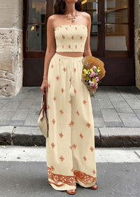 PRETTYGARDEN 2 Piece Sets for women Summer 2026 Travel Outfits Print Tube Tops Wide Leg Pants Beach Vacation Clothes