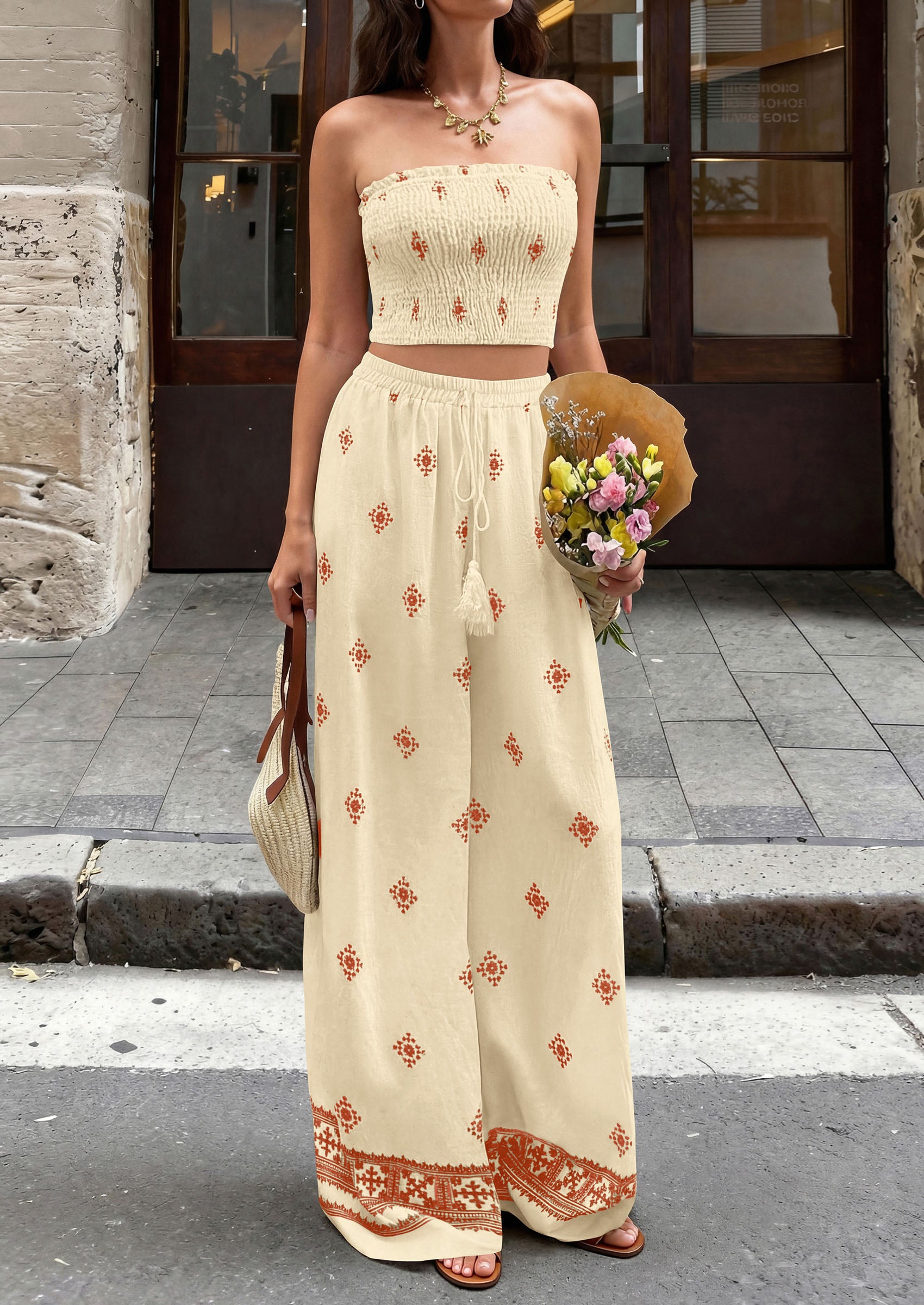 PRETTYGARDEN 2 Piece Sets for women Summer 2026 Travel Outfits Print Tube Tops Wide Leg Pants Beach Vacation Clothes