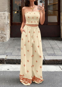PRETTYGARDEN 2 Piece Sets for women Summer 2026 Travel Outfits Print Tube Tops Wide Leg Pants Beach Vacation Clothes