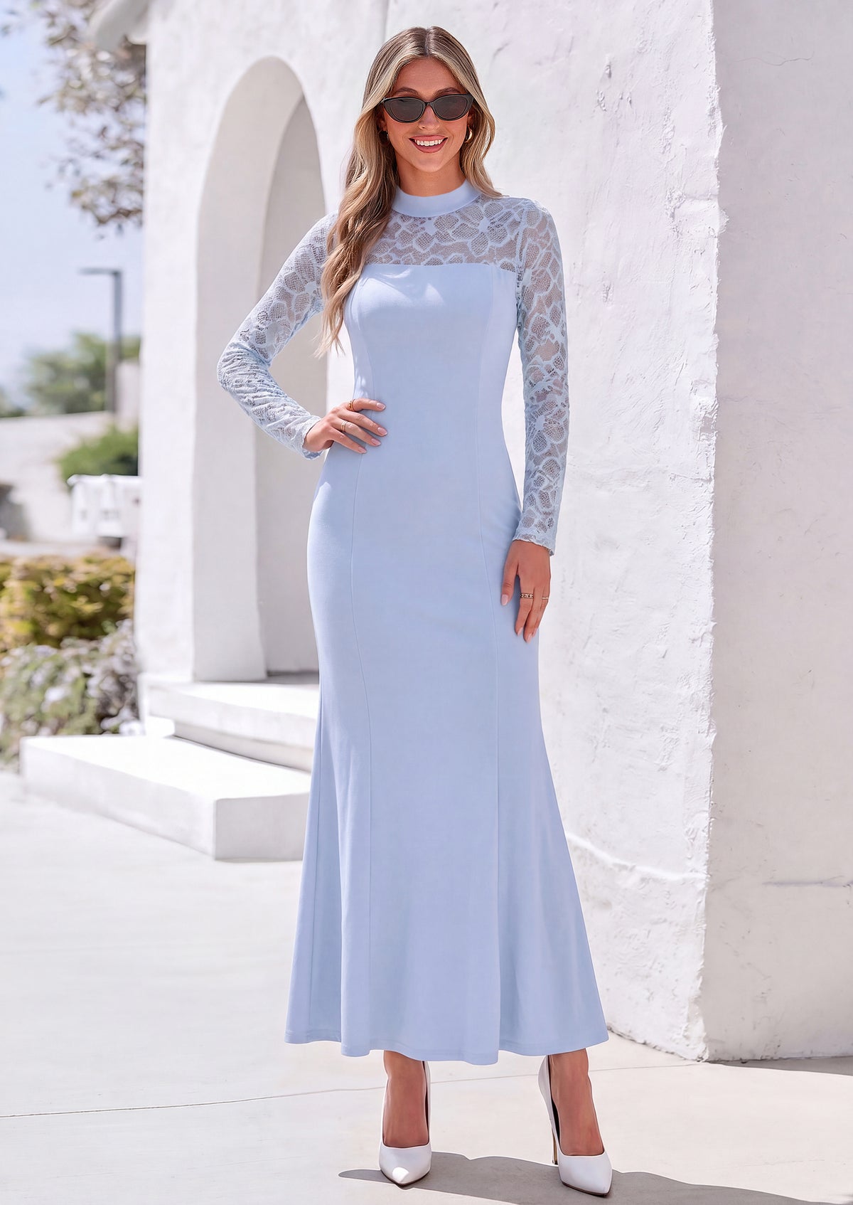 PRETTYGARDEN Women's Fall Lace Sheer Dress Bodycon Maxi Cocktail Dresses  Long Sleeve, Patchwork Mock Neck, Slim Fit, Elegant Mermaid, Semi Formal Outfits for Wedding Guest, Evening, Birthday Party