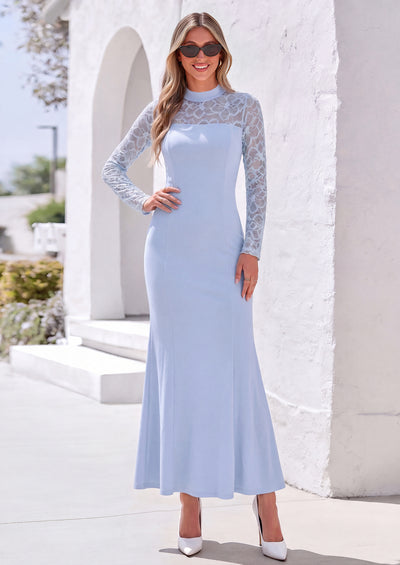 PRETTYGARDEN Women's Fall Lace Sheer Dress Bodycon Maxi Cocktail Dresses  Long Sleeve, Patchwork Mock Neck, Slim Fit, Elegant Mermaid, Semi Formal Outfits for Wedding Guest, Evening, Birthday Party