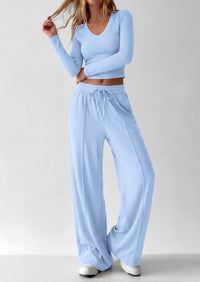 PRETTYGARDEN Women's 2 Piece Lounge Sets Matching Clothing  | V Neck Long Sleeve , Wide Leg Pants Pockets, Airport Travel Outfits, Soft Ribbed Knit, Drawstring Waist, Fall Resort Wear