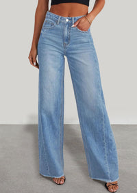 PRETTYGARDEN Wide Leg Jeans for Women Trendy High Waisted Stretchy Baggy Raw Hem Denim Palazzo Pants with Pockets
