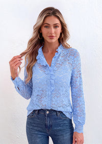 PRETTYGARDEN Women Lace Tops Button Down Long Sleeve Shirts  | Sheer Lace Button Shirts, Elegant Ruffle Collar Blouses, Eyelet Tops Dressy Casual, Date Night Outfit, Fall Fashion Clothing