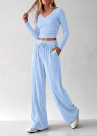 PRETTYGARDEN Women's 2 Piece Lounge Sets Matching Clothing  | V Neck Long Sleeve , Wide Leg Pants Pockets, Airport Travel Outfits, Soft Ribbed Knit, Drawstring Waist, Fall Resort Wear