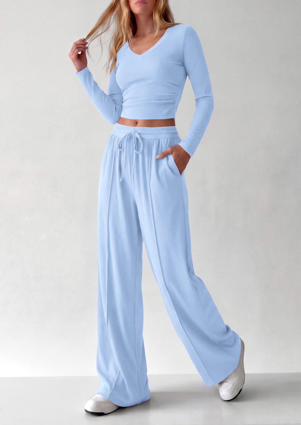 PRETTYGARDEN Women's 2 Piece Lounge Sets Matching Clothing  | V Neck Long Sleeve , Wide Leg Pants Pockets, Airport Travel Outfits, Soft Ribbed Knit, Drawstring Waist, Fall Resort Wear