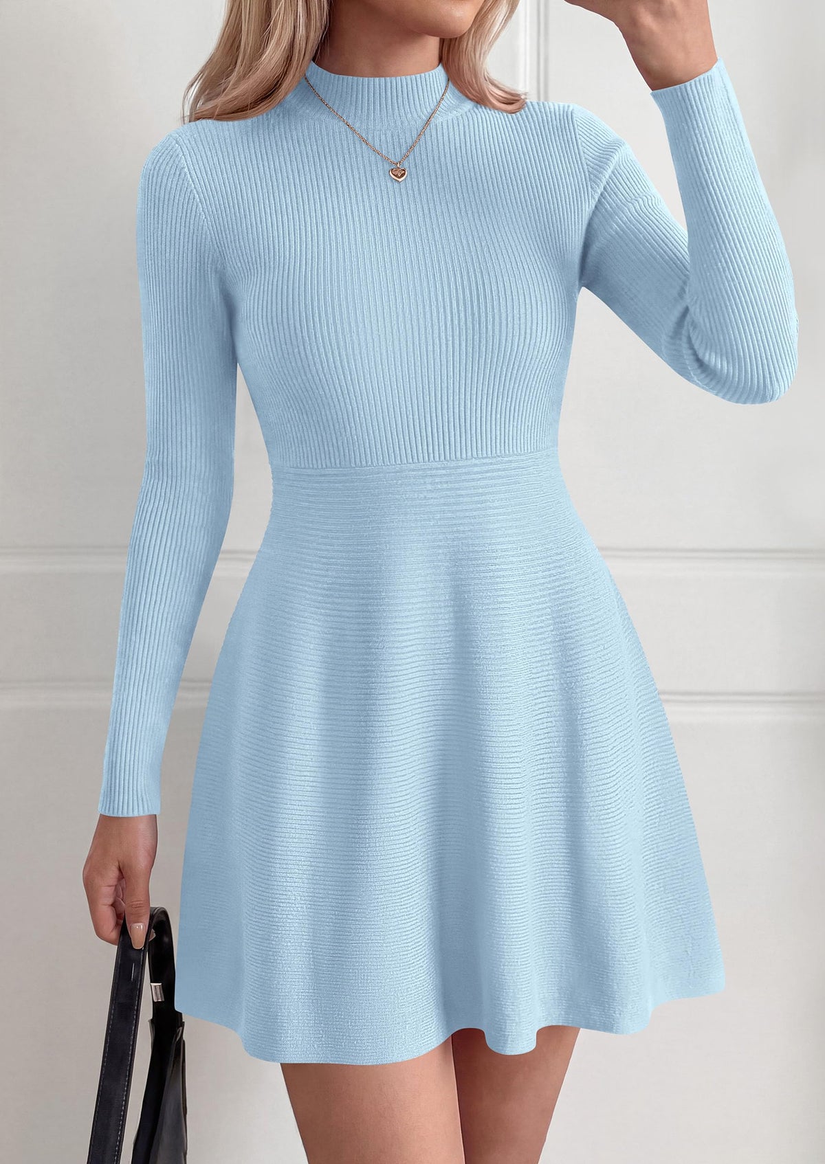 PRETTYGARDEN Womens Mock Neck Long Sleeve Sweater Mini Dress | Soft Ribbed Knit Flared A‑Line, Elegant Fall Winter Dresses for Wedding Guest, Cocktail & Holiday Party Casual Outfits