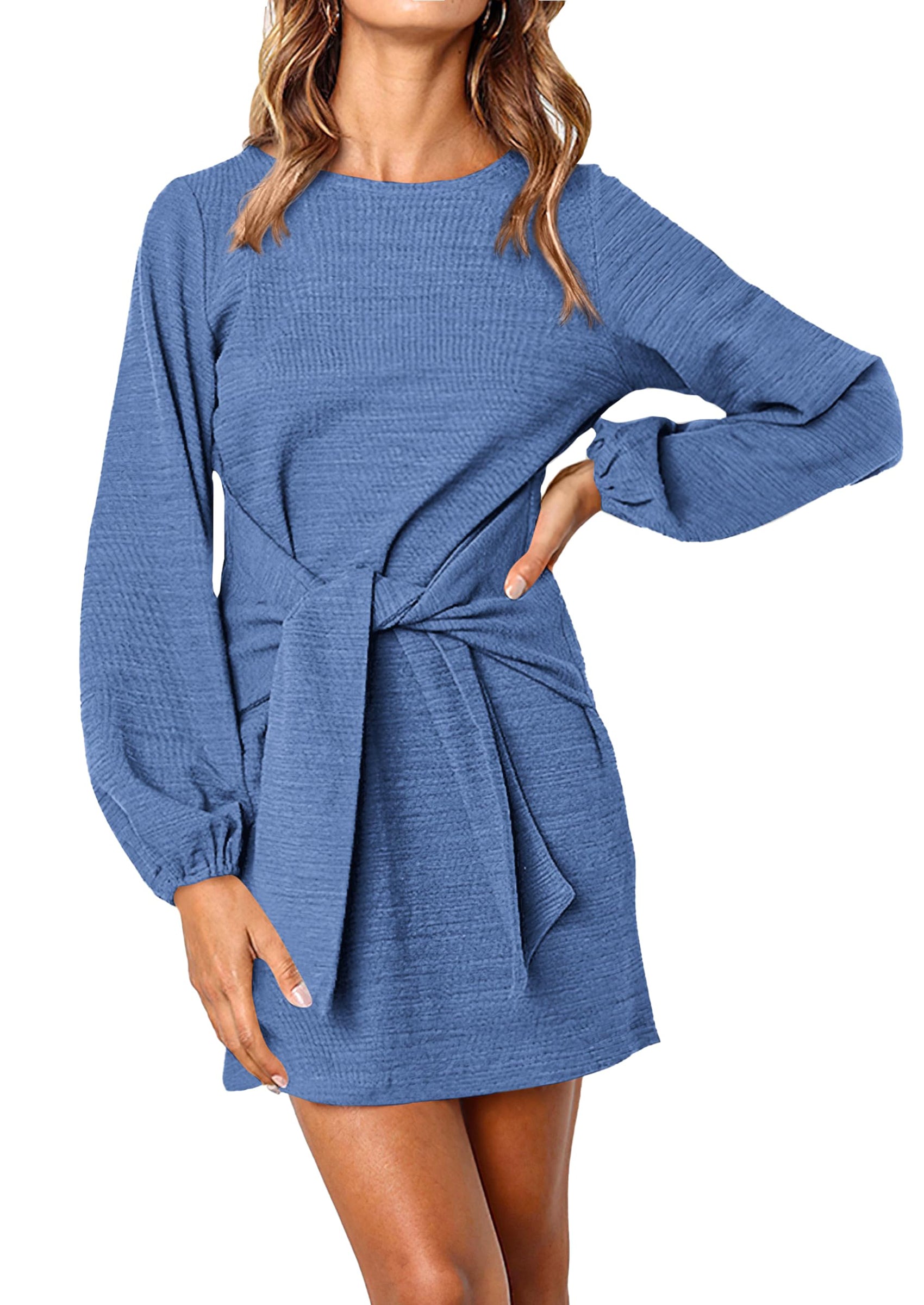 PRETTYGARDEN Womens Fall Elegant Long Lantern Sleeve Short Dress Wedding Guest Crewneck Tie Waist Knit Cocktail Dresses PRETTYGARDEN