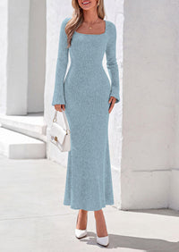 PRETTYGARDEN Women's Fall Long Sleeve Maxi Bodycon Dresses | Soft Stretchy Ribbed Knit, Bell Sleeve Square Neck Mermaid, Elegant Long Dress, Wedding Guest Party, 2026 Winter Clothing
