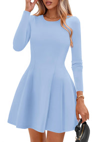 PRETTYGARDEN Long Sleeve Mini Dress for Women Fall Crewneck Knit Pleated Babydoll A Line Soft Casual Short Party Dresses PRETTYGARDEN