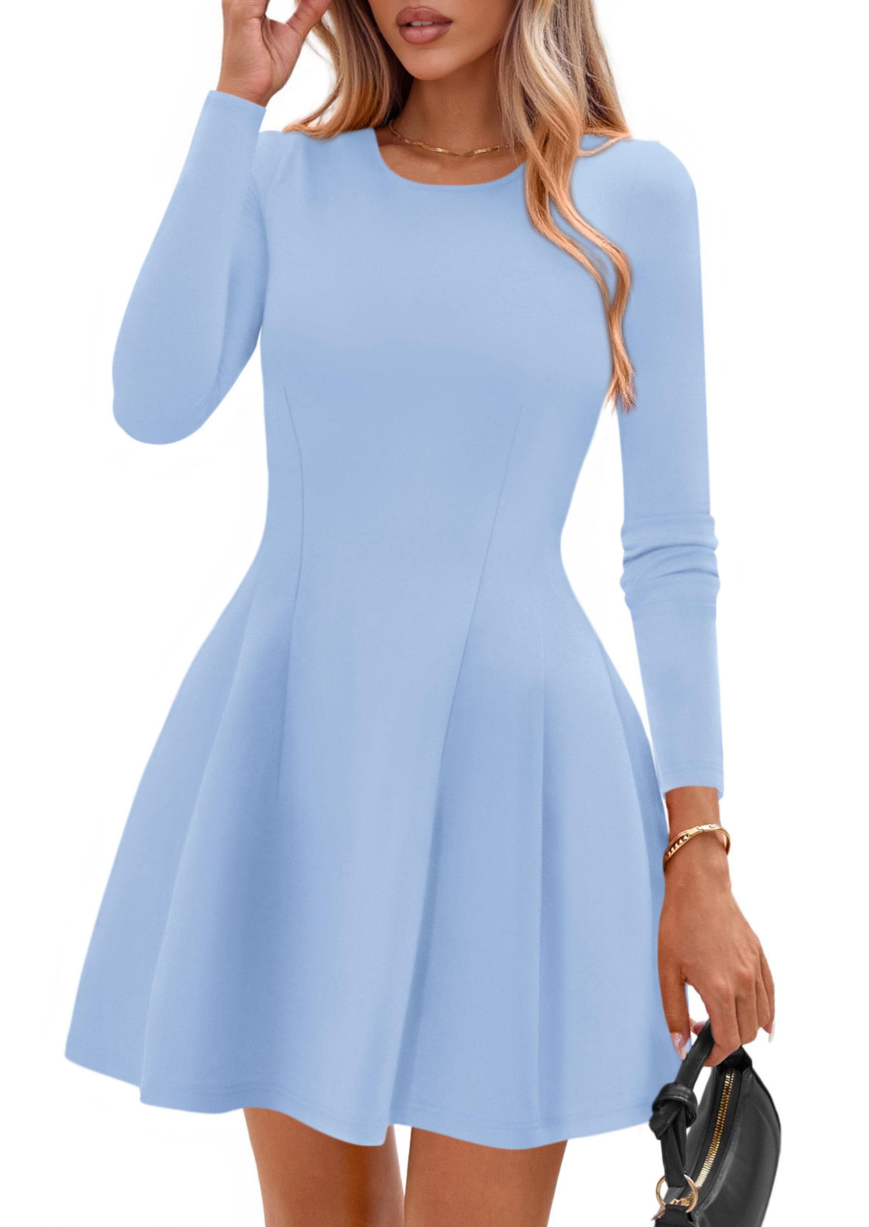 PRETTYGARDEN Long Sleeve Mini Dress for Women Fall Crewneck Knit Pleated Babydoll A Line Soft Casual Short Party Dresses PRETTYGARDEN