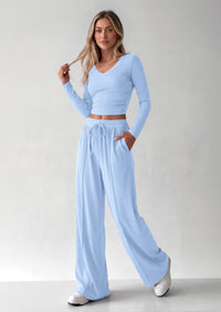 PRETTYGARDEN Women's 2 Piece Lounge Sets Matching Clothing  | V Neck Long Sleeve , Wide Leg Pants Pockets, Airport Travel Outfits, Soft Ribbed Knit, Drawstring Waist, Fall Resort Wear