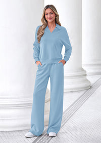 PRETTYGARDEN Womens Sweatsuits 2 Piece Outfits Matching Sets | Wide Leg Sweatpants & Polo V Neck Sweatshirt, Lounge Set, Comfy Airport Travel Outfits, Track suits, Fall Winter Clothes