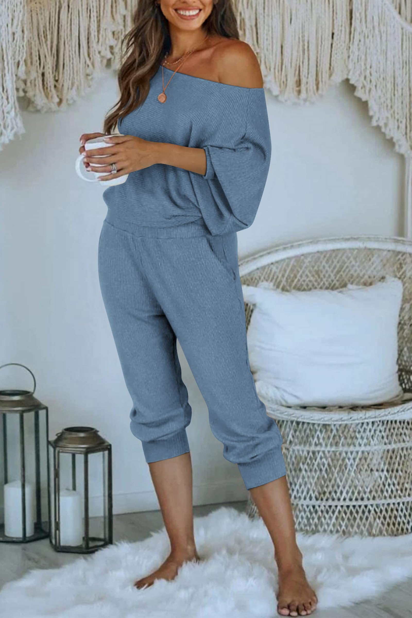 PRETTYGARDEN Women's 2 Piece Ribbed Tracksuit Outfits Off Shoulder Long Sleeve Pullover Lounge Pants with Pockets