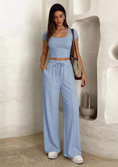 PRETTYGARDEN Women's 2 Piece Matching Lounge Sets Ribbed Short Sleeve Crop Tops Wide Leg Pants Summer Airport Outfits PRETTYGARDEN