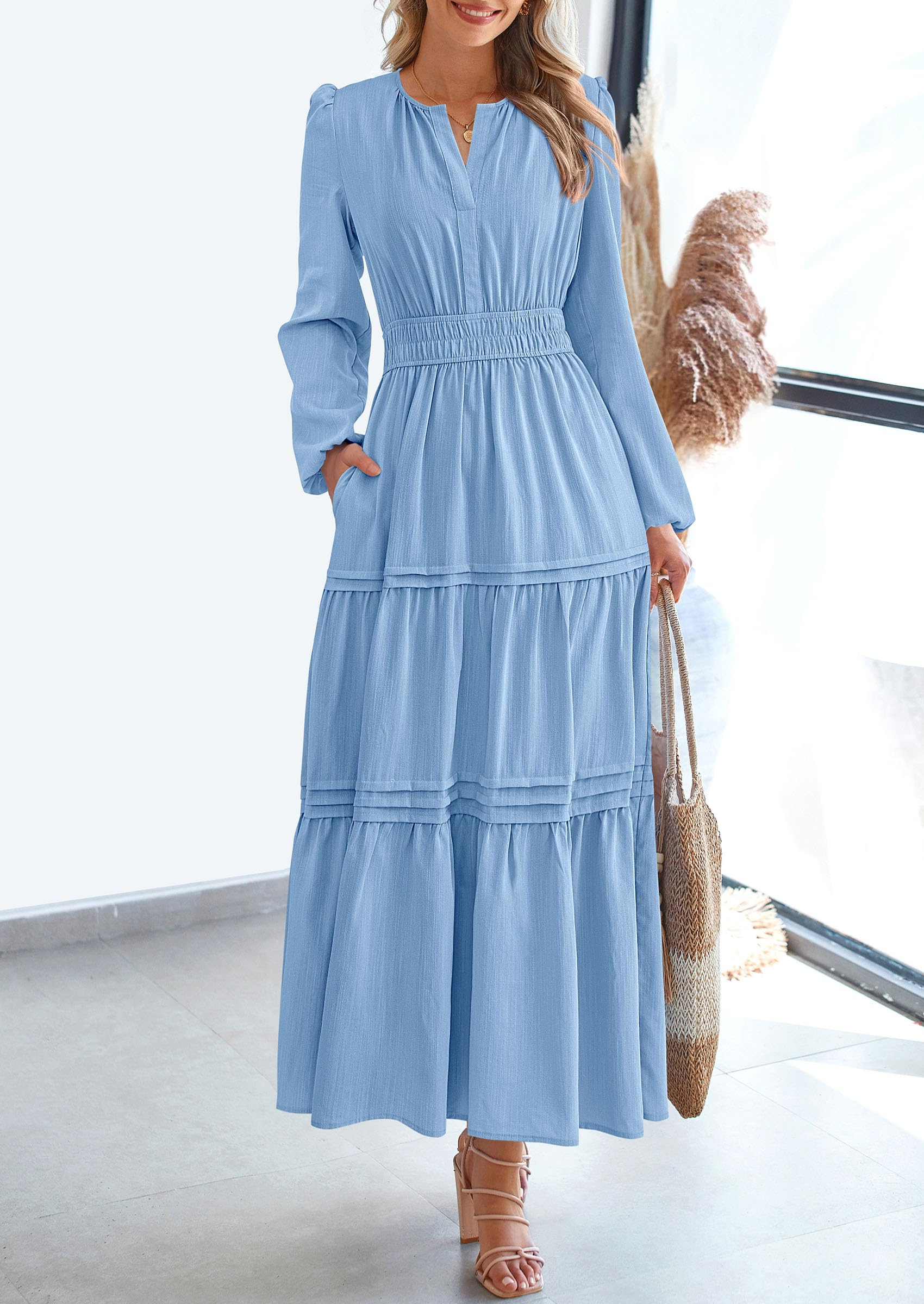 PRETTYGARDEN Women's Elegant Maxi Dresses Long Sleeve V Neck Flowy Pockets Casual Modest Dress Fall Fashion Clothes