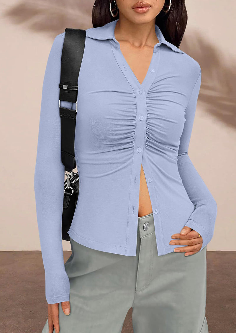 PRETTYGARDEN Womens Button Down Shirts V Neck Collared Ruched Slim Fit Long Sleeve Shirt Casual Fall Fashion Ladies Tops PRETTYGARDEN