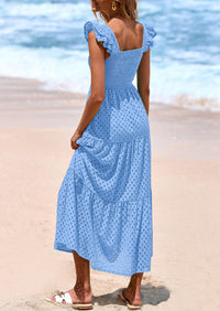 PRETTYGARDEN Womens Square Neck Maxi Dresses Cap Sleeve Eyelet Smocked Tiered A Line Flowy Long Dress with Pockets