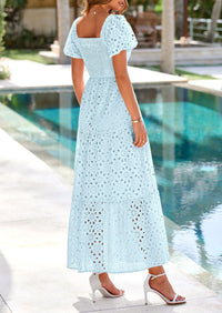 PRETTYGARDEN Dresses for Women Eyelet Square Neck Puff Sleeve Smocked Wedding Guest Maxi Dress with Pockets