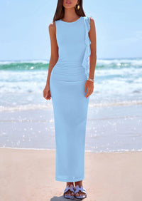 PRETTYGARDEN Women's Summer Maxi Dresses Sleeveless Ruffle Formal Wedding Guest Cocktail Mesh Bodycon Split Long Dress PRETTYGARDEN