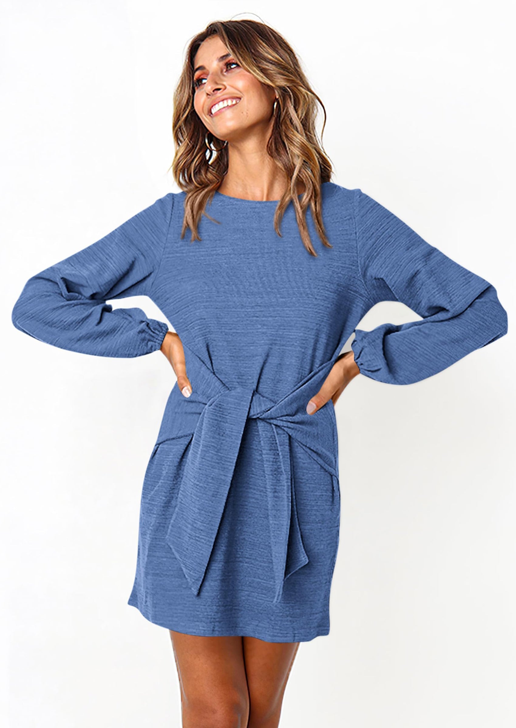 PRETTYGARDEN Womens Fall Elegant Long Lantern Sleeve Short Dress Wedding Guest Crewneck Tie Waist Knit Cocktail Dresses PRETTYGARDEN