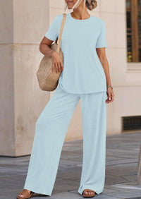 PRETTYGARDEN Summer Lounge Sets for Women 2 Piece Short Sleeve Crewneck Cute Tops and Wide Leg Pants with Pockets Pj Set PRETTYGARDEN