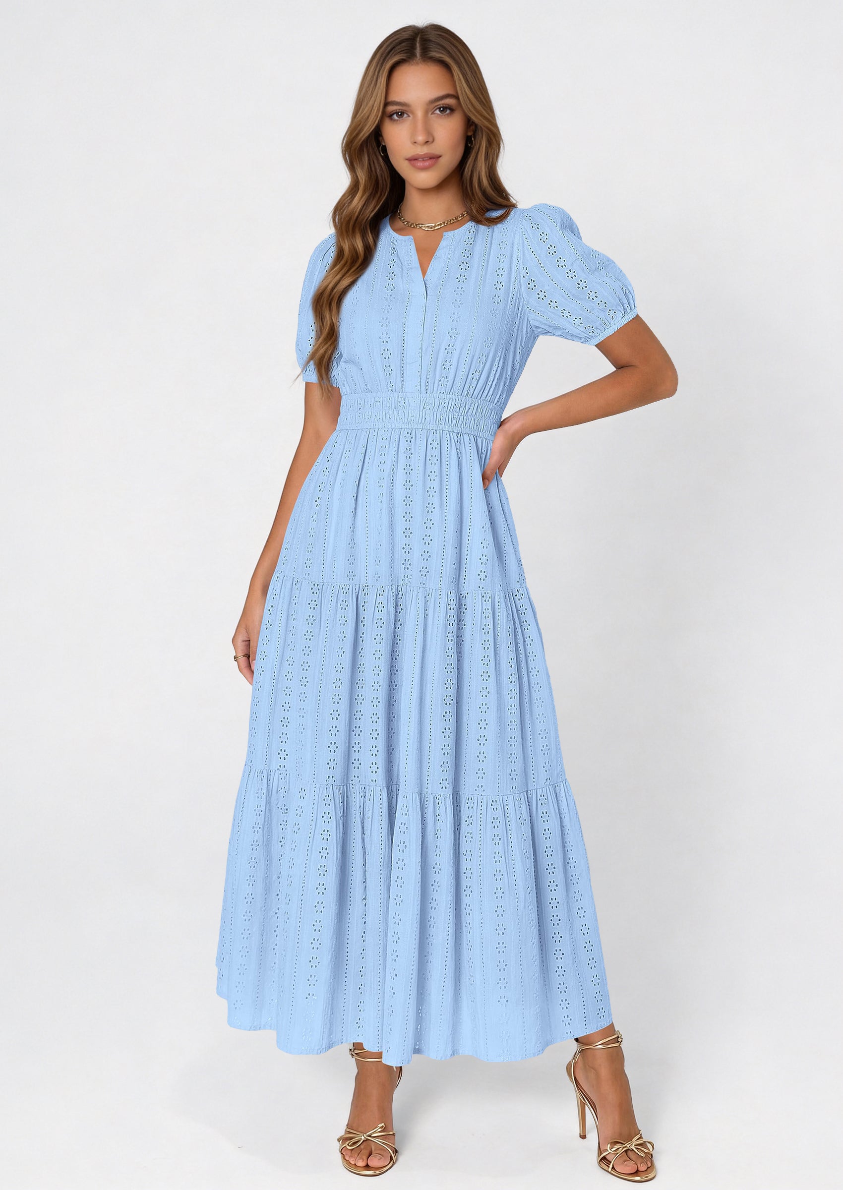 PRETTYGARDEN Womens Summer Maxi Dresses Casual Puff Sleeve V Neck Smocked Flowy Eyelet Cotton Dress Spring Sundress PRETTYGARDEN