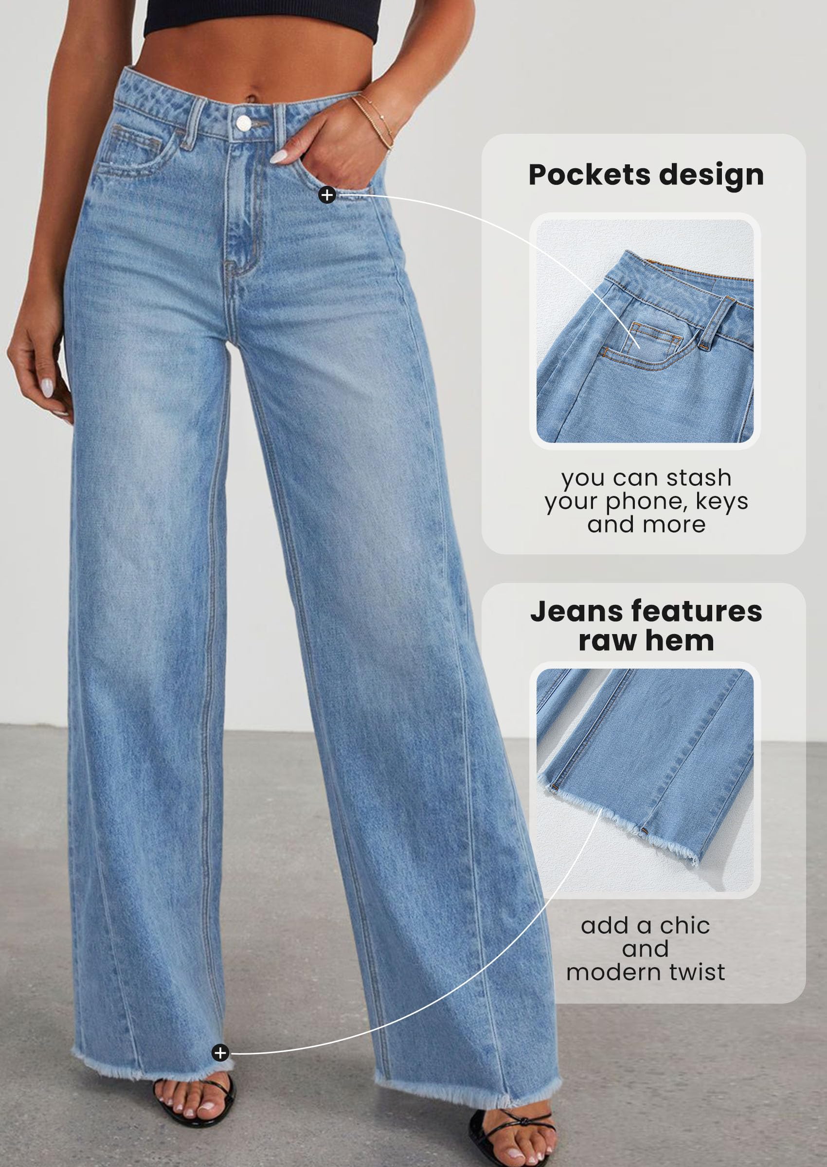 PRETTYGARDEN Wide Leg Jeans for Women Trendy High Waisted Stretchy Baggy Raw Hem Denim Palazzo Pants with Pockets