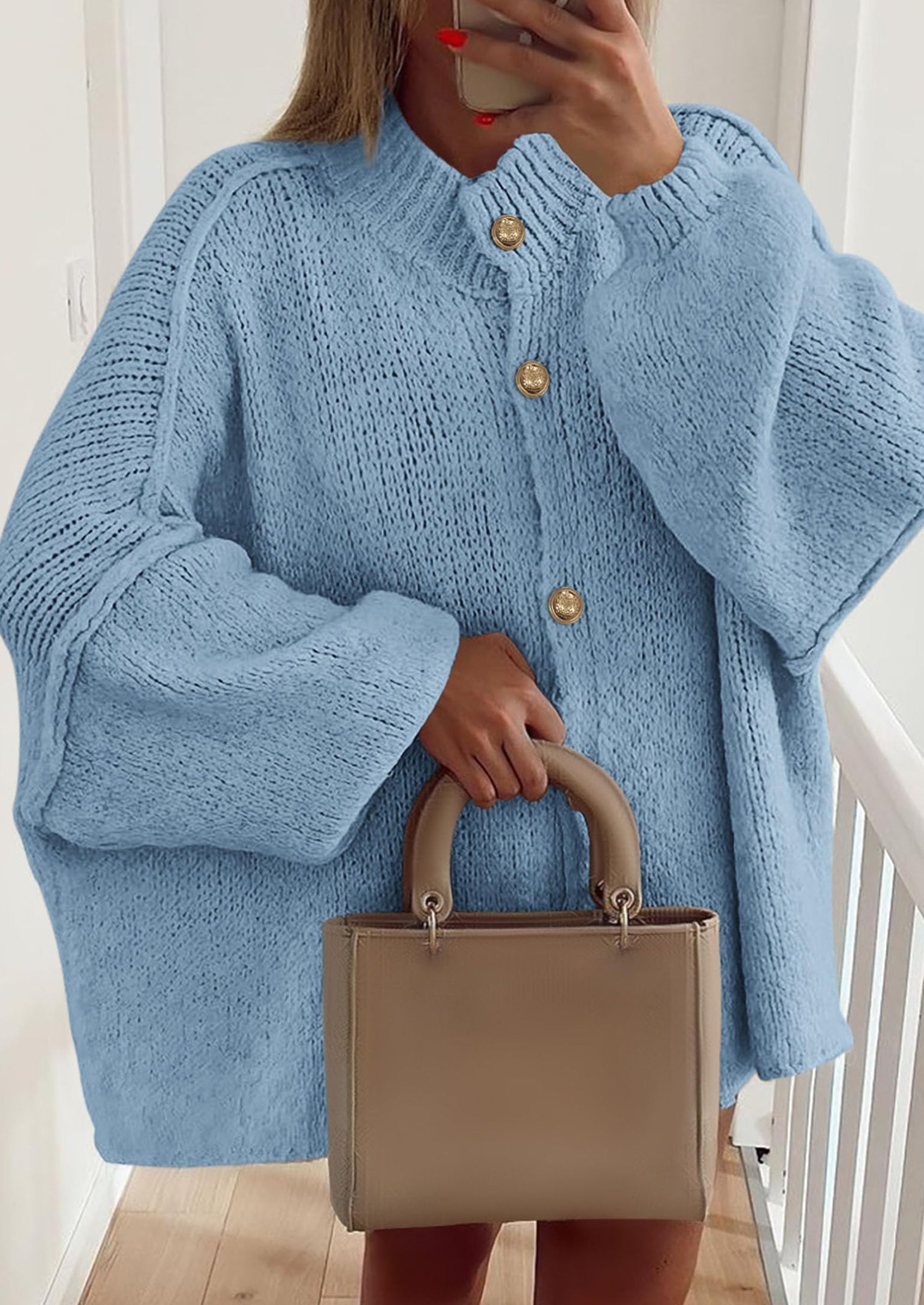 PRETTYGARDEN Women's Winter Button Down Cardigan Sweaters Mock Neck Lantern Long Sleeve Chunky Knit Jacket Trendy Outerwear