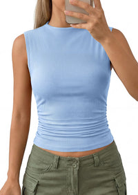 PRETTYGARDEN Tank Top for Women Summer Fashion Clothing Mock Neck Ribbed Knit Slim Fitted Shirts Going Out Tops PRETTYGARDEN