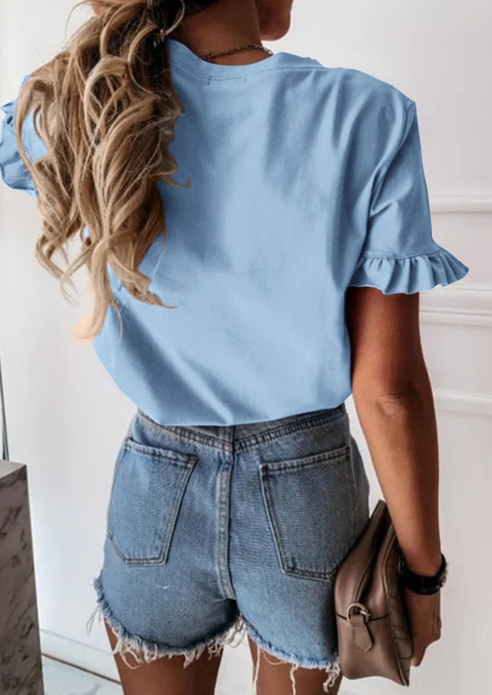 PRETTYGARDEN Women's Short Sleeve Casual T Shirts Summer Ruffle Plain Round Neck Loose Fit Tee Blouse Tops