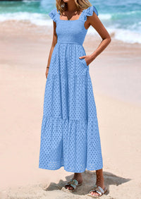 PRETTYGARDEN Womens Square Neck Maxi Dresses Cap Sleeve Eyelet Smocked Tiered A Line Flowy Long Dress with Pockets