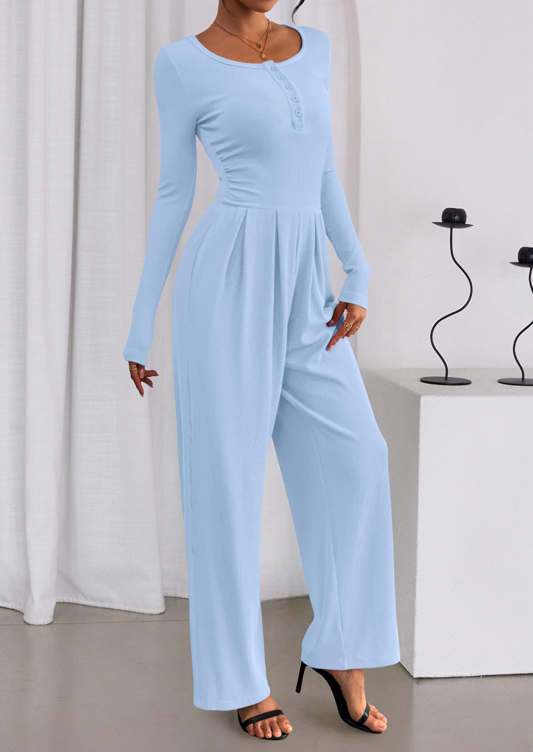 PRETTYGARDEN Jumpsuits for Women Dressy Casual Fall One Piece Outfits Long Sleeve Crew Neck Wide Leg Pants Rompers