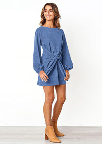 PRETTYGARDEN Womens Fall Elegant Long Lantern Sleeve Short Dress Wedding Guest Crewneck Tie Waist Knit Cocktail Dresses PRETTYGARDEN