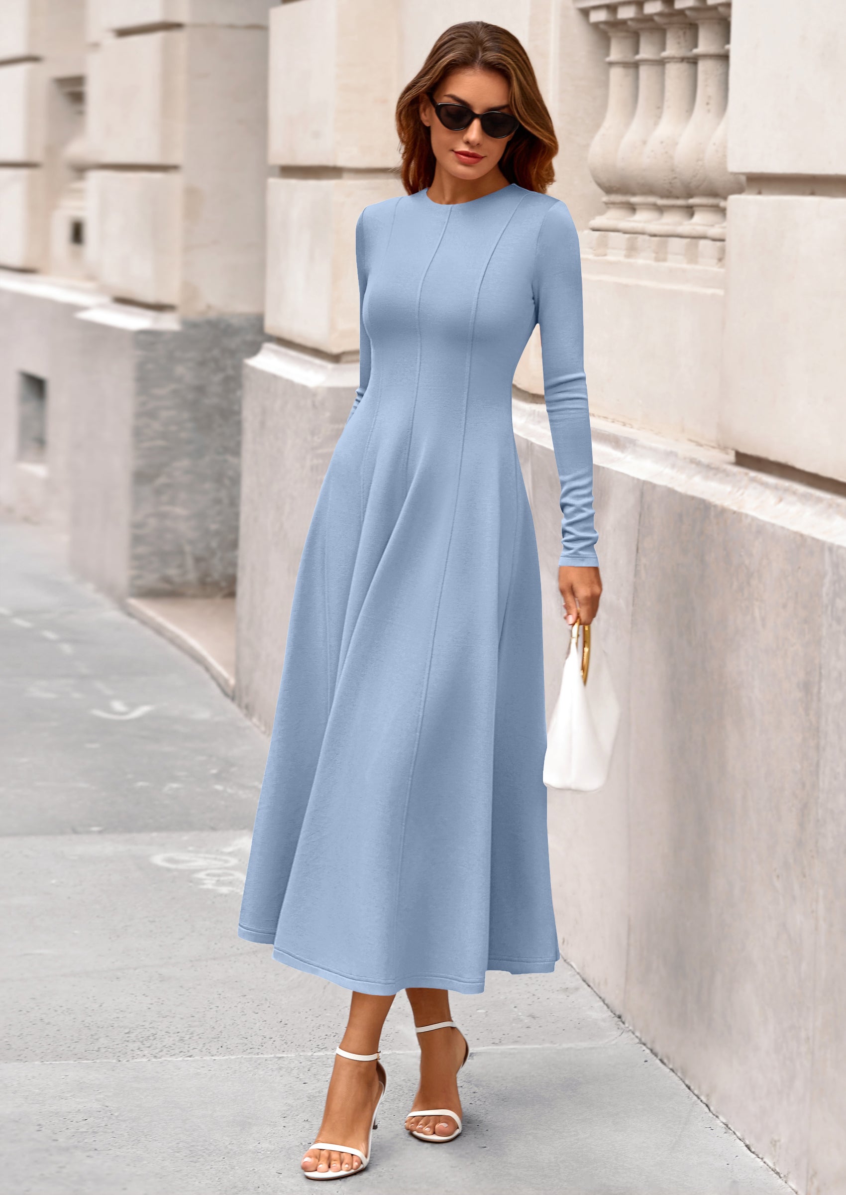 PRETTYGARDEN Women's Fall Long Sleeve Midi Dress Casual Elegant Ruffle Flowy A Line Swing Cocktail Party Dresses