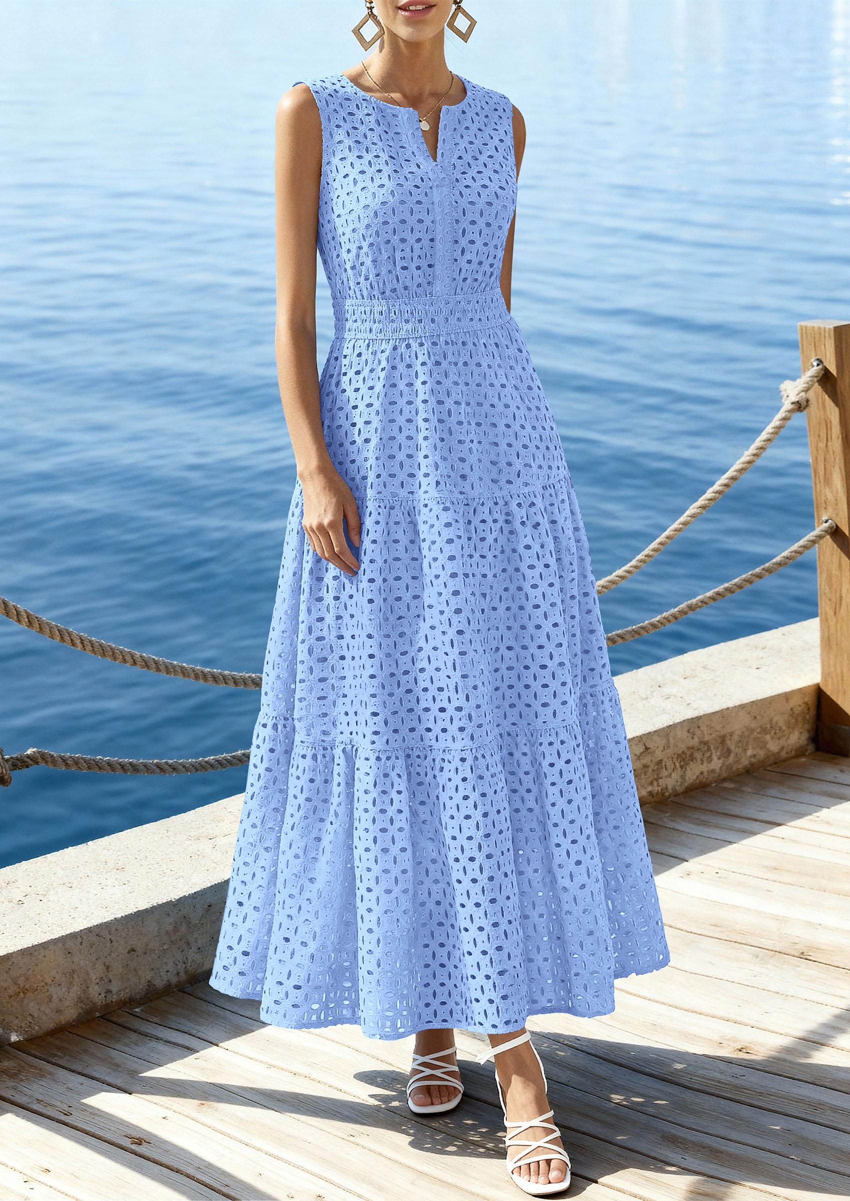 PRETTYGARDEN Summer Dresses for Women Sundresses Sleeveless V Neck Eyelet A Line Flowy Beach Vacation Spring Maxi Dress PRETTYGARDEN