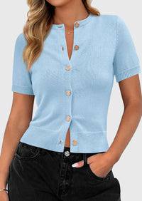PRETTYGARDEN Womens Casual Summer Short Sleeve Cardigans Button Down Knitted Sweater Basic Crew Neck Crop Tops