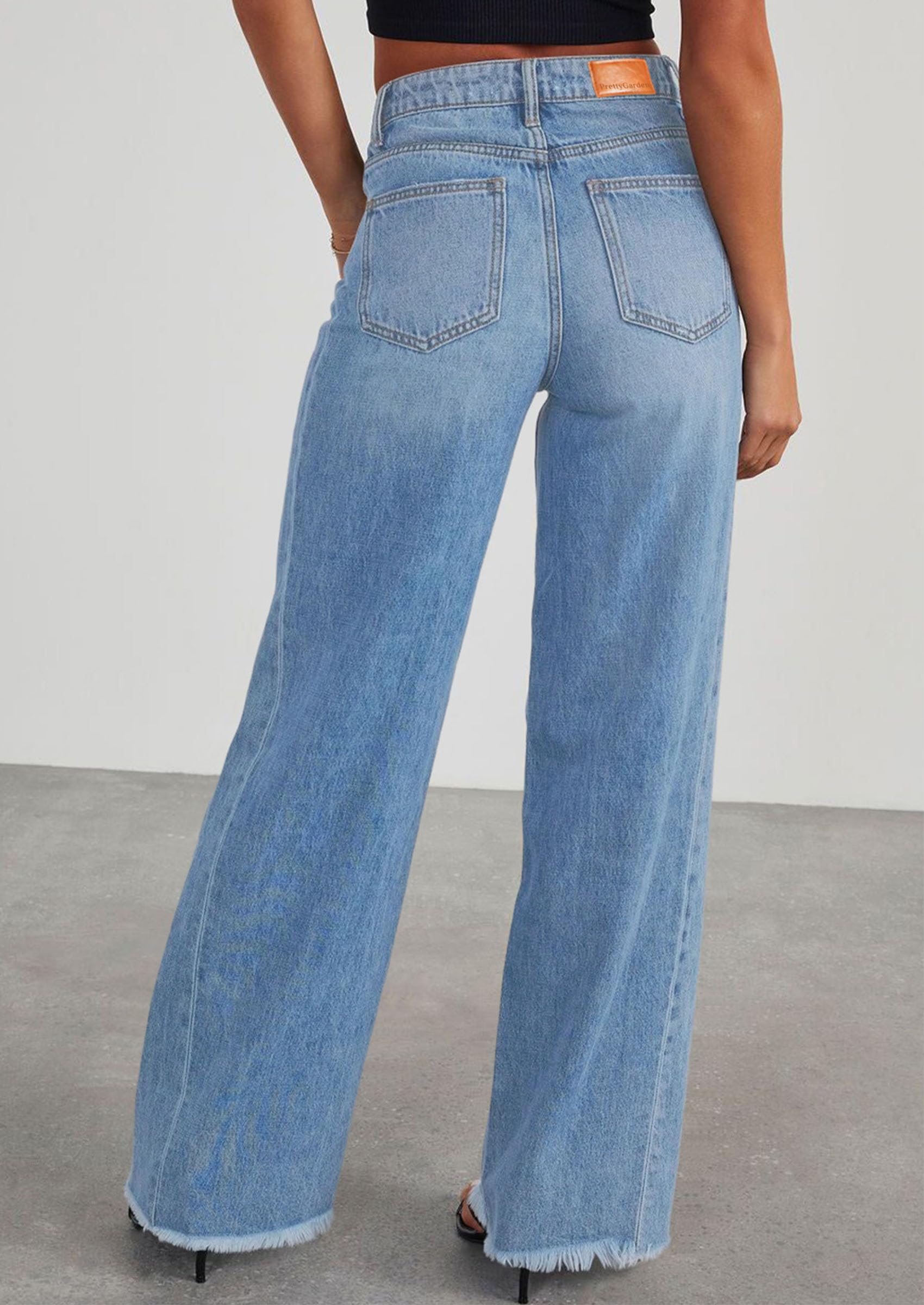 PRETTYGARDEN Wide Leg Jeans for Women Trendy High Waisted Stretchy Baggy Raw Hem Denim Palazzo Pants with Pockets