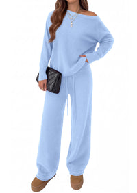 PRETTYGARDEN Lounge Sets Womens Two Piece Outfits  Cozy Boat Neck Long Sleeve , Wide Leg Pants with Drawstring, Casual Fall Fashion 2026 Airport & Travel, Knit Matching Set