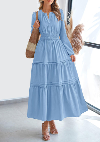 PRETTYGARDEN Women's Elegant Maxi Dresses Long Sleeve V Neck Flowy Pockets Casual Modest Dress Fall Fashion Clothes