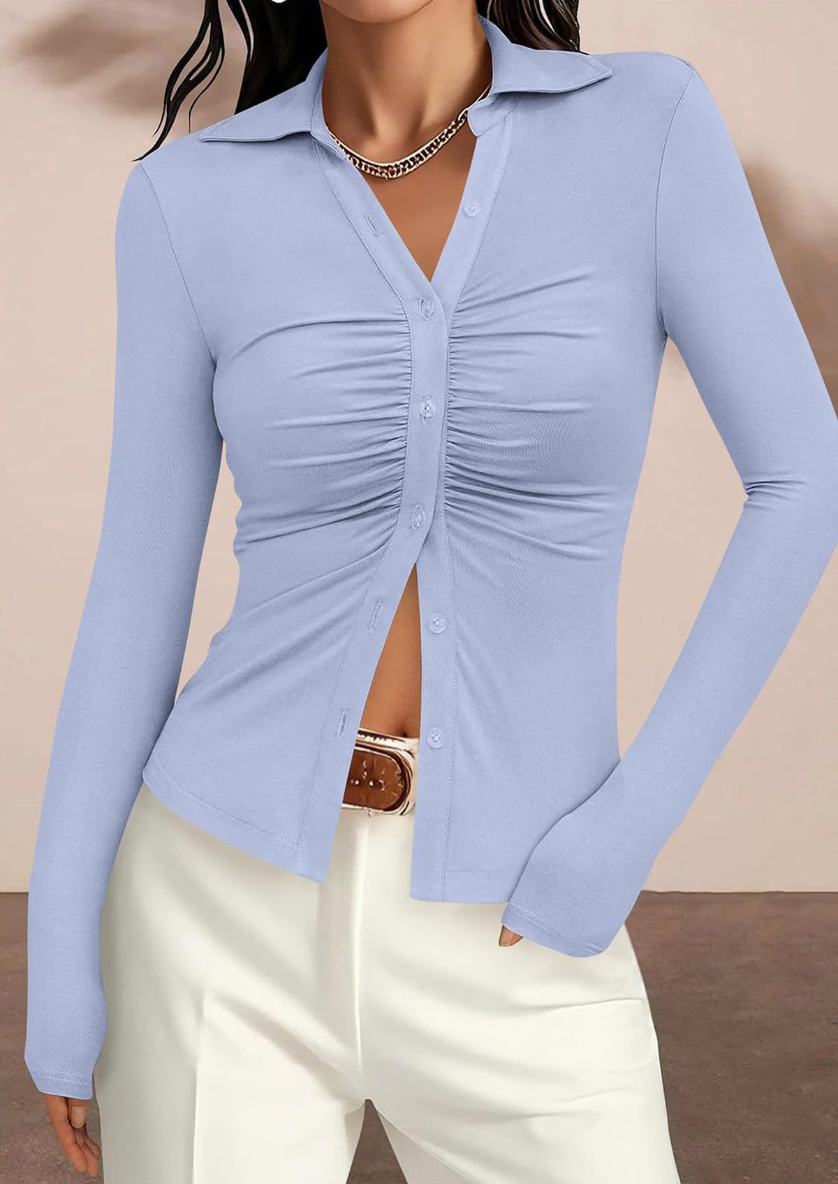 PRETTYGARDEN Womens Button Down Shirts V Neck Collared Ruched Slim Fit Long Sleeve Shirt Casual Fall Fashion Ladies Tops PRETTYGARDEN