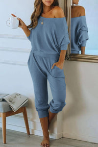 PRETTYGARDEN Women's 2 Piece Ribbed Tracksuit Outfits Off Shoulder Long Sleeve Pullover Lounge Pants with Pockets